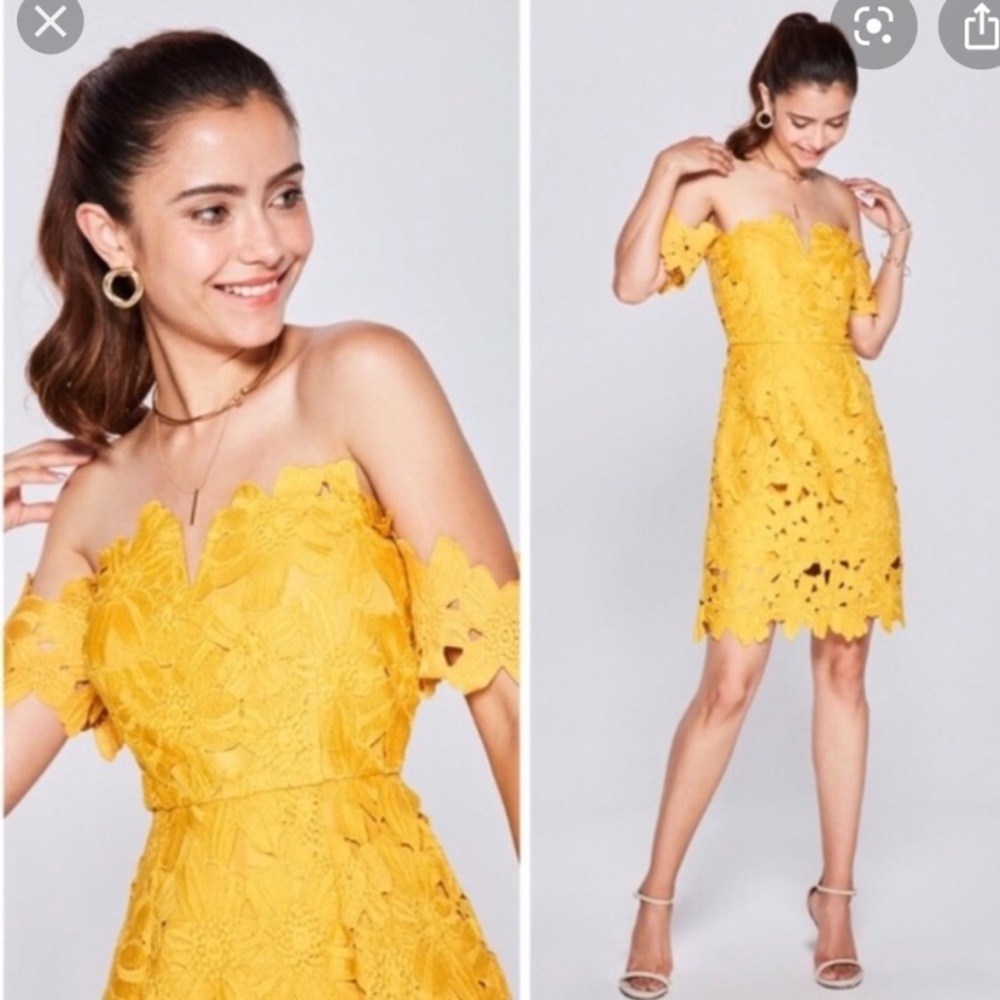 Few moda yellow lace off the shoulder dress